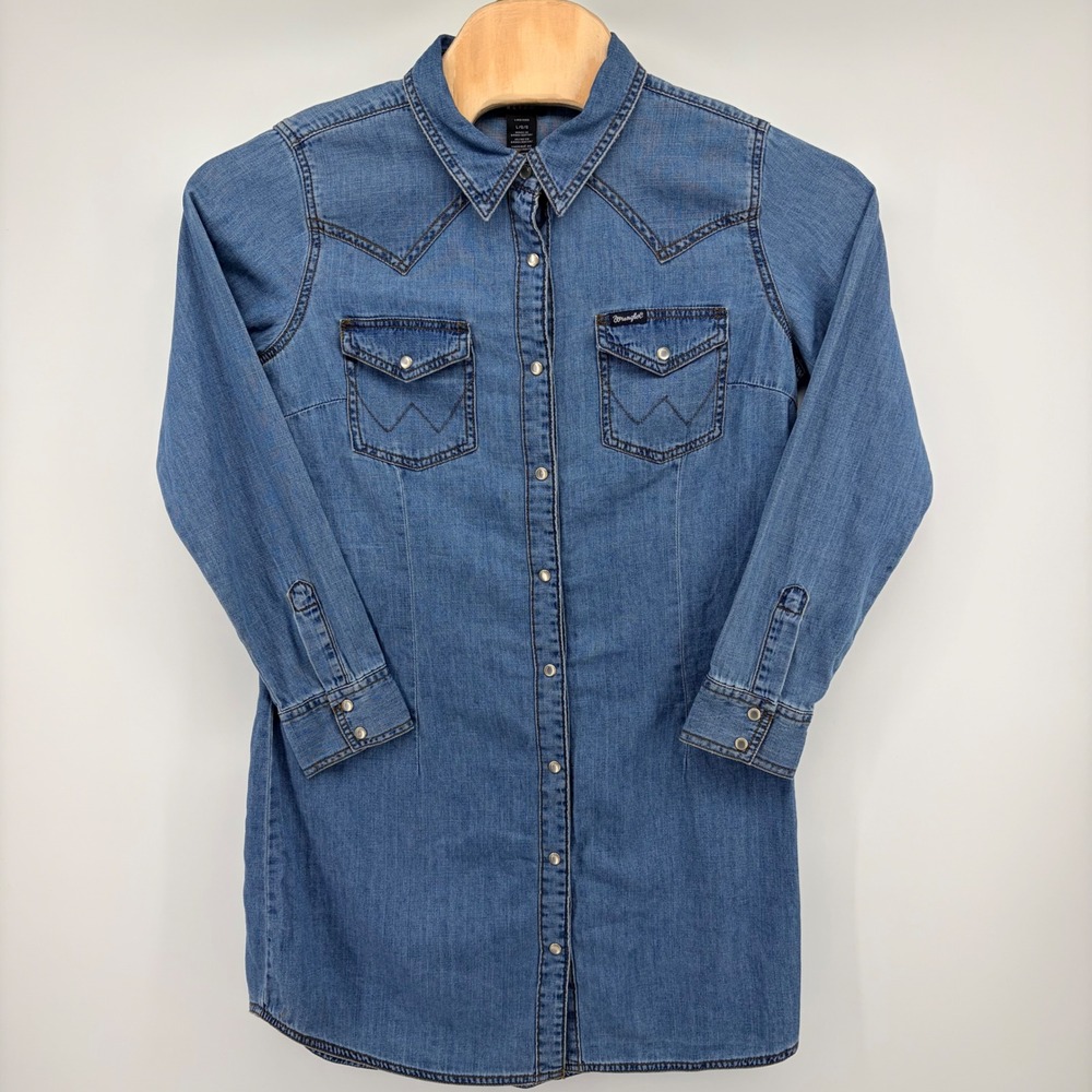 Wrangler Retro Denim Shirt Dress Womens Large Blue Cotton Western Pearl Snap